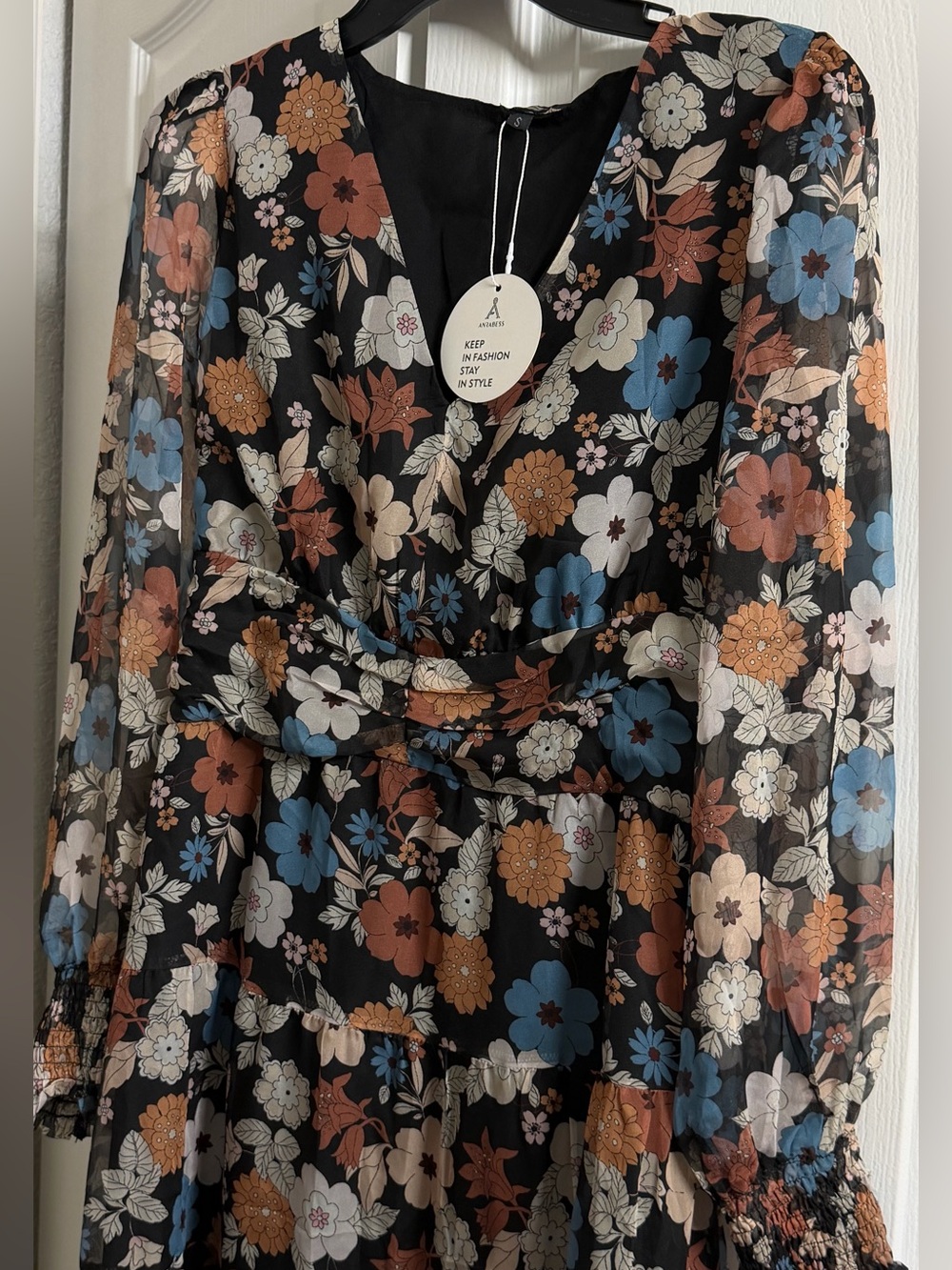 Floral V-Neck Long Sleeve Dress Top - Black with Blue, Rust & Cream Floral